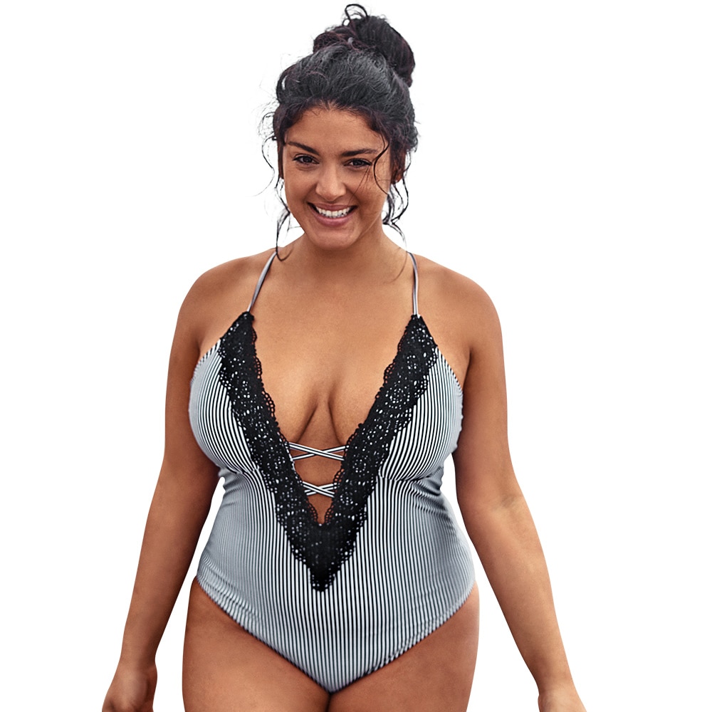 Lace Women's Plus Sized Swimwear with V-Neck
